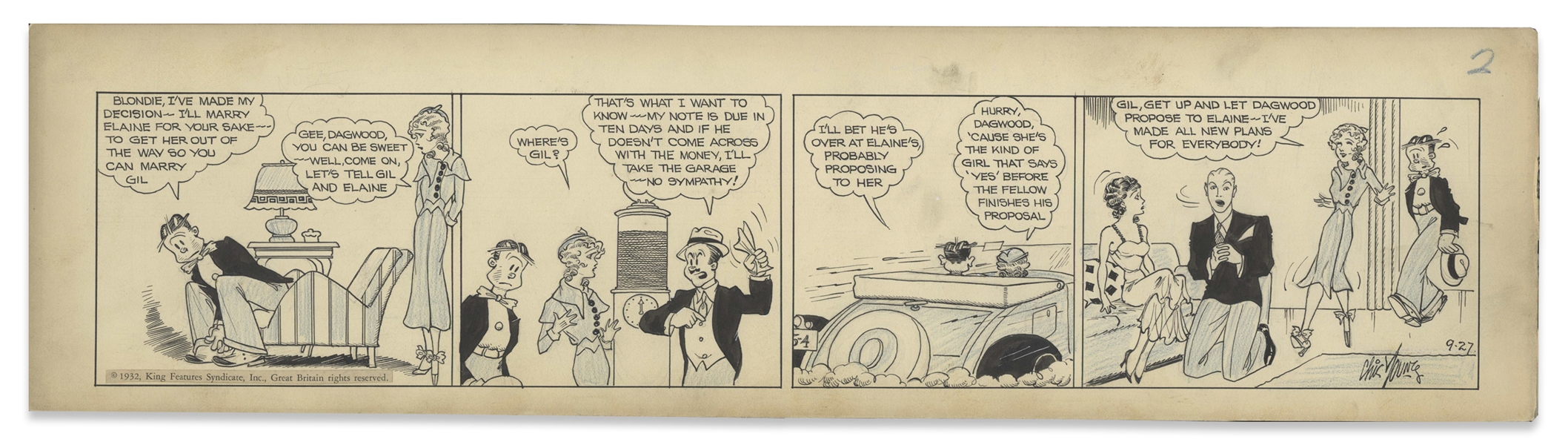 Chic Young Hand-Drawn ''Blondie'' Comic Strip From 1932 Titled ''The Rising Generation'' -- A Comedy of Engagement Errors